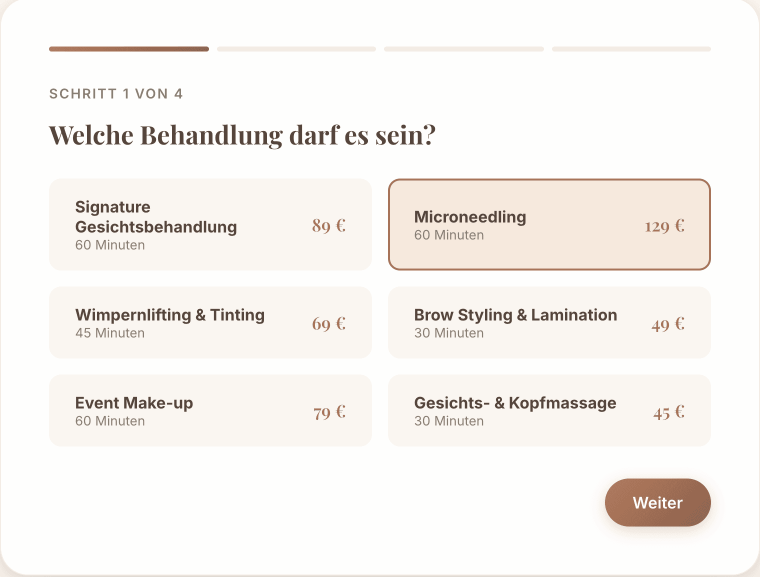ÉCLAT – Behandlungsauswahl mit Dauer und Preis