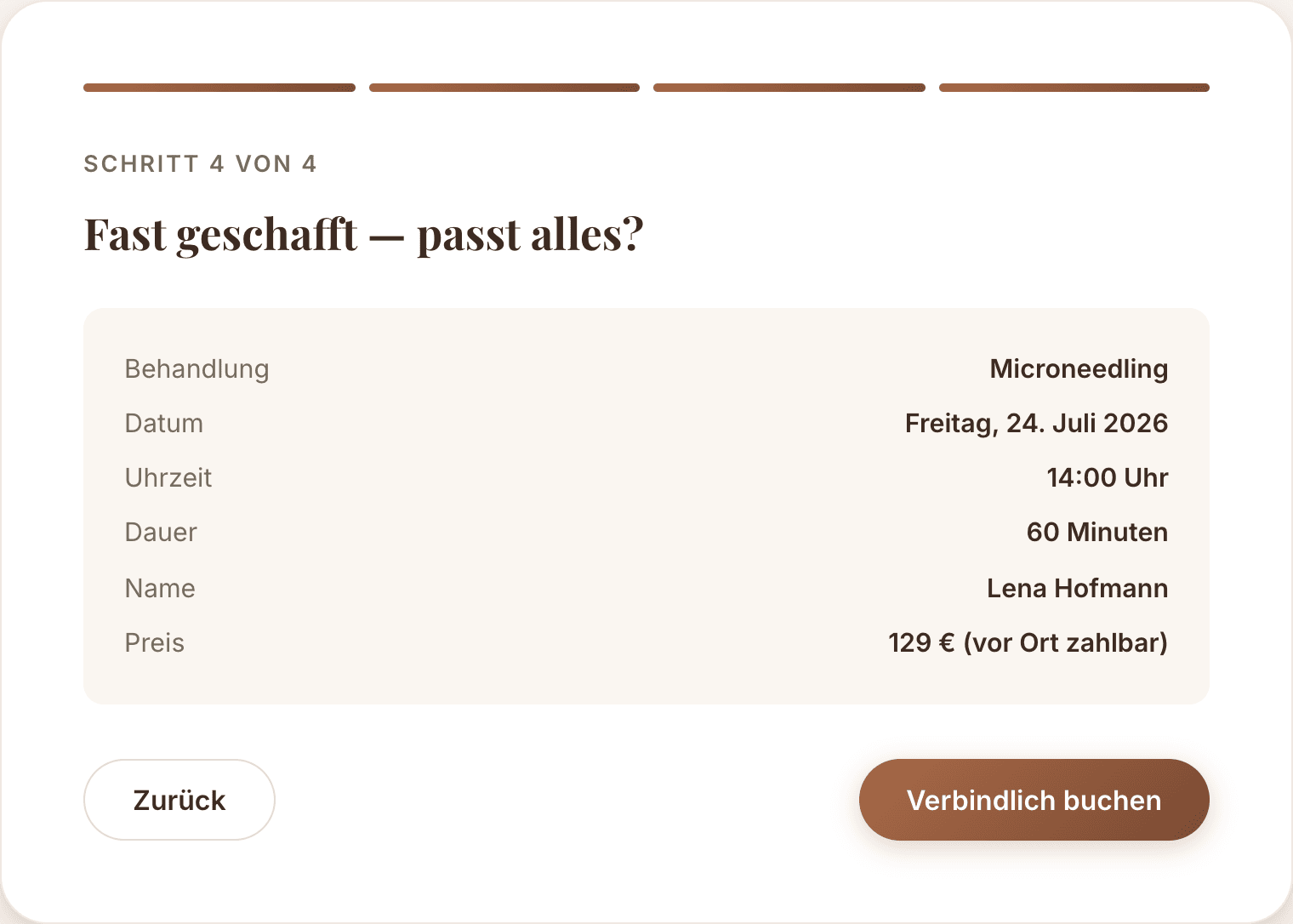 ÉCLAT – Bestätigungsschritt mit vollständiger Terminübersicht