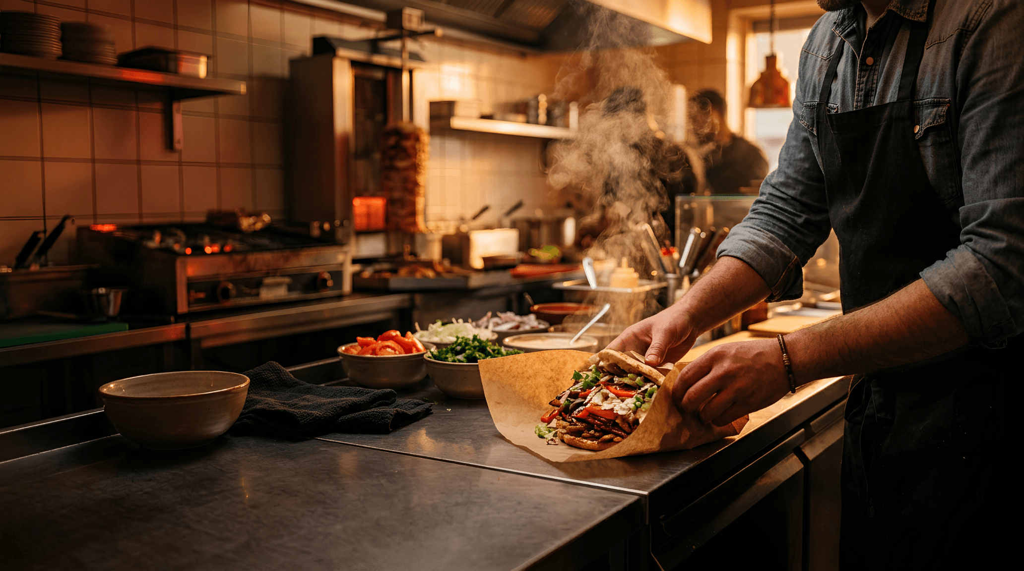 Restaurant·App – ein Koch wickelt einen frisch gegrillten Döner in der Küche ein