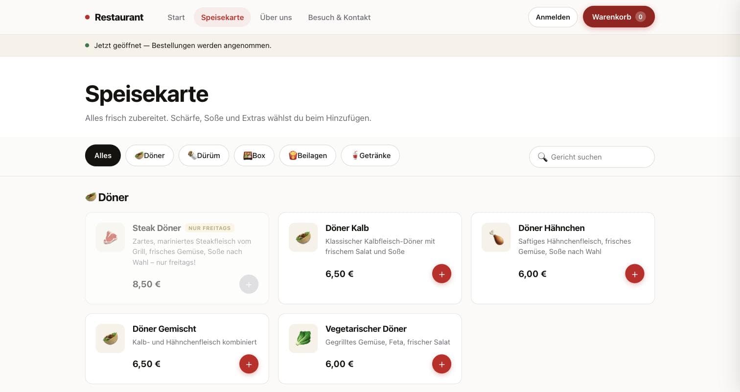 Restaurant·App – Speisekarte mit Kategorien und Extras