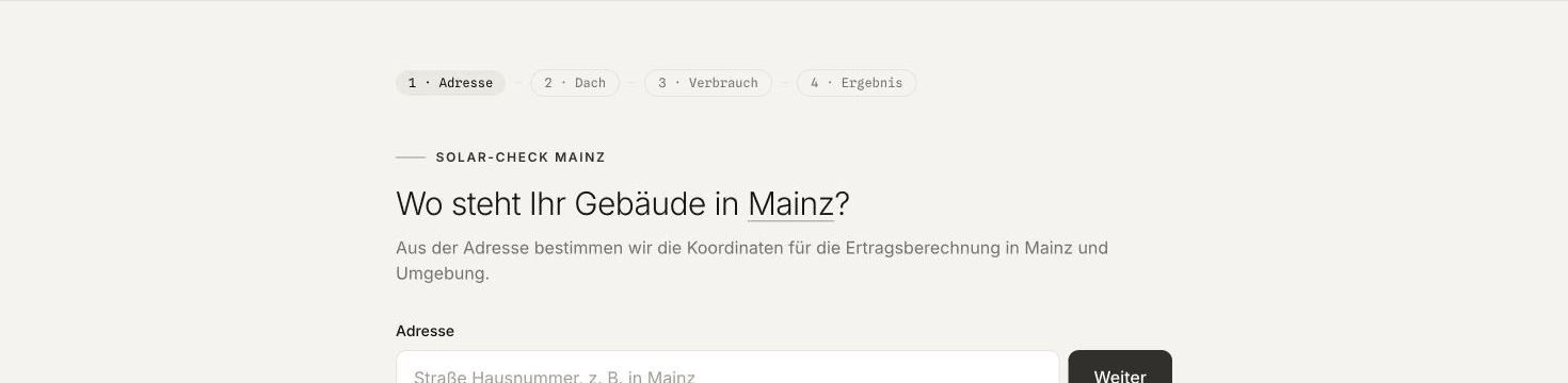 SolarLohnt – personalisierter Adress-Schritt „Solar-Check Mainz“